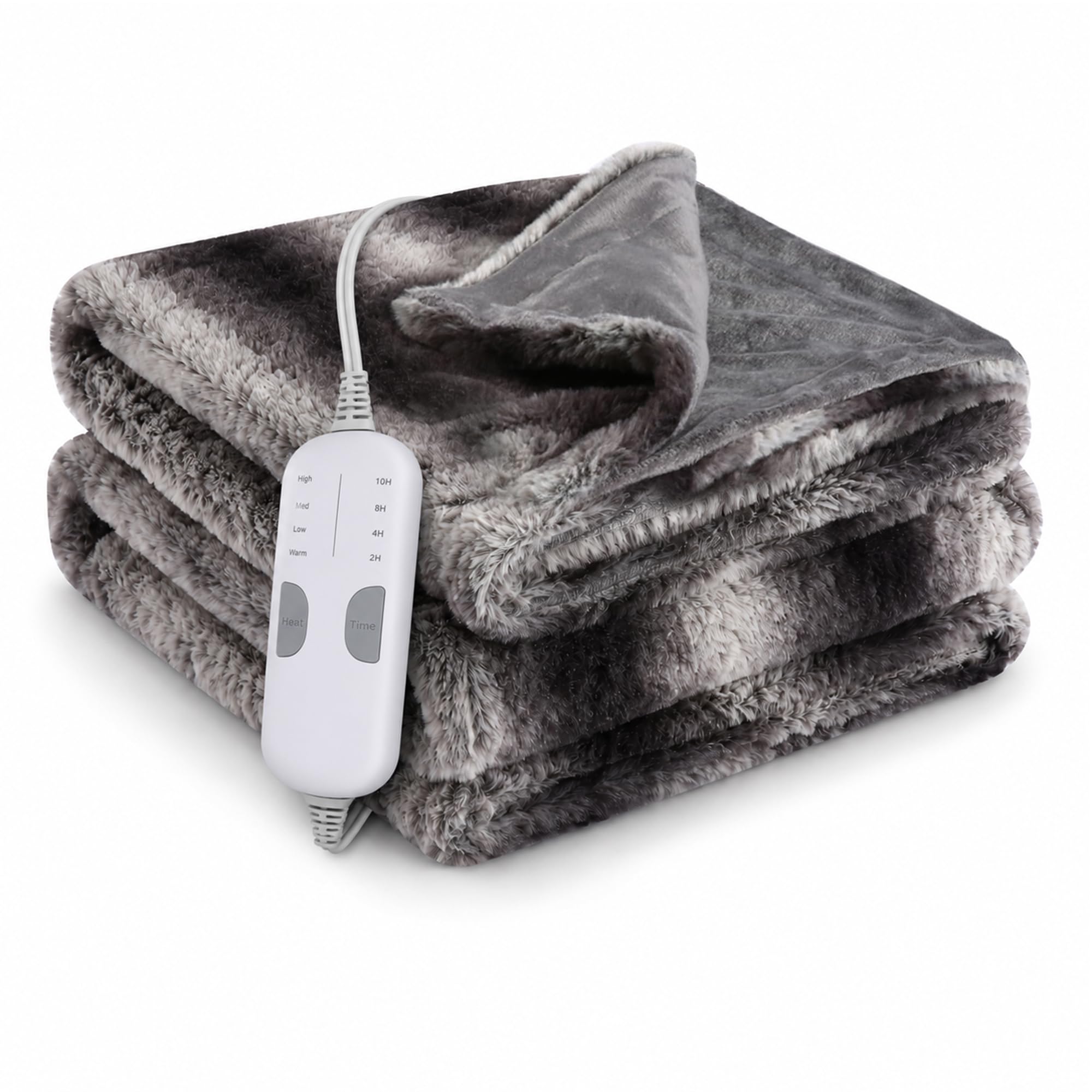 eydna electric heated blanket throw size 50"x60", fast heating throw, plush faux fur for sofa & office,4 heating levels & 4 hours auto off, machine washable, gifts for womens-gray white