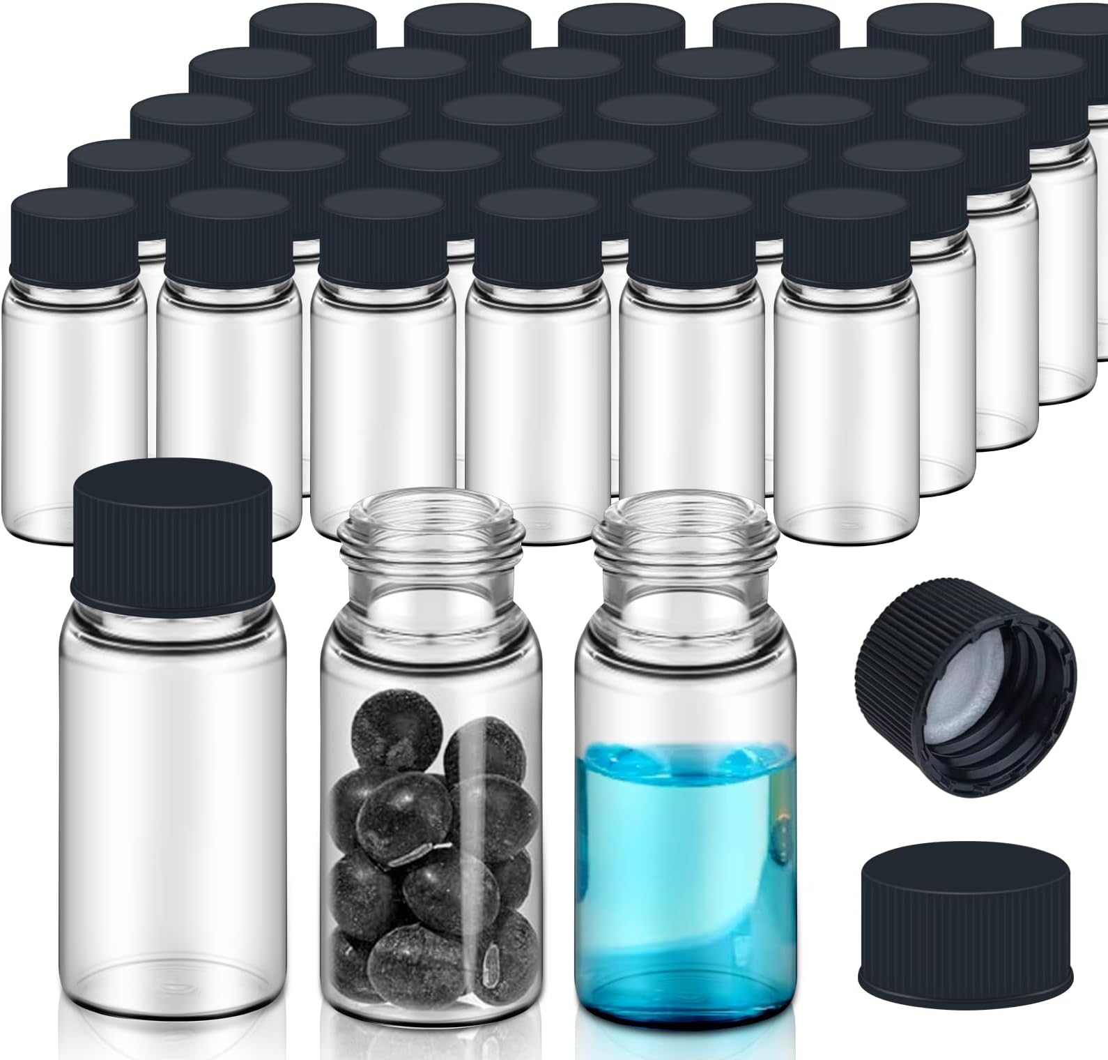 100Pcs 3ml Clear Glass Sample Vials with Screw Cap and PE Stopper, Leak-Proof Small Glass Bottles Containers Essential Oil Bottles for Storage Liquid, Pills,Home and Lab Use