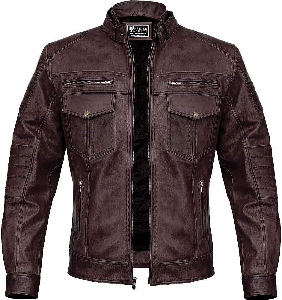 Men Cafe Racer Motorcycle Style Solid Leather Jacket Slim Fit Motorcycle Brown Cafe Racer Leather Jacket