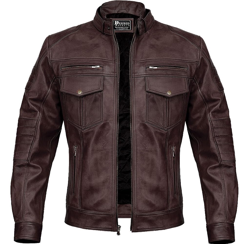 Giacca in pelle da uomo Cafe Racer stile moto tinta unita Slim Fit giacca in pelle marrone moto motociclista Cafe Racer