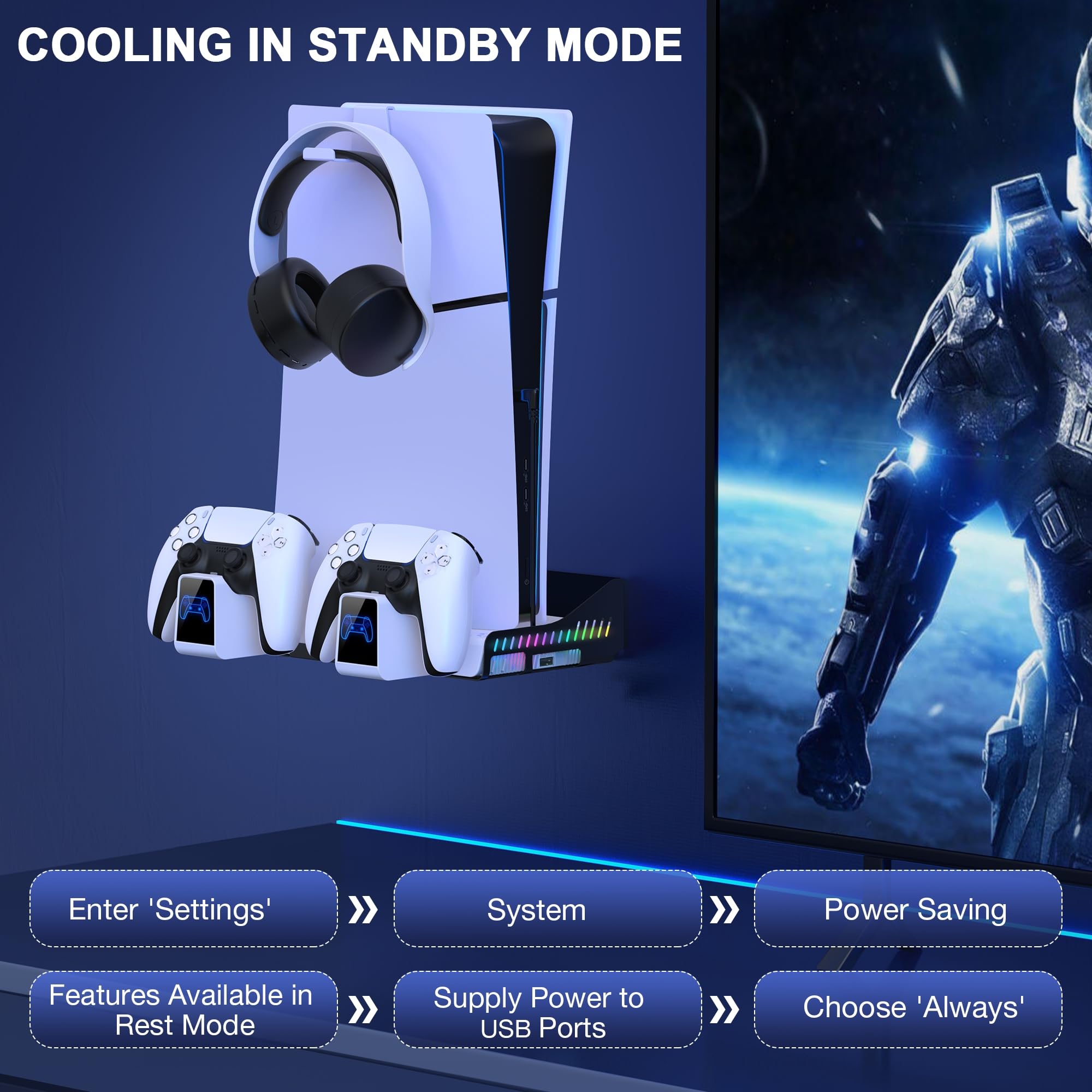 HELLCOOL Supporto PS5 con Ventola di Raffreddamento, Base Verticale per PS5, Stand con Doppio Ricarica Controller, 14 Slot di Gioco, Staffa in Metallo, Luci RGB