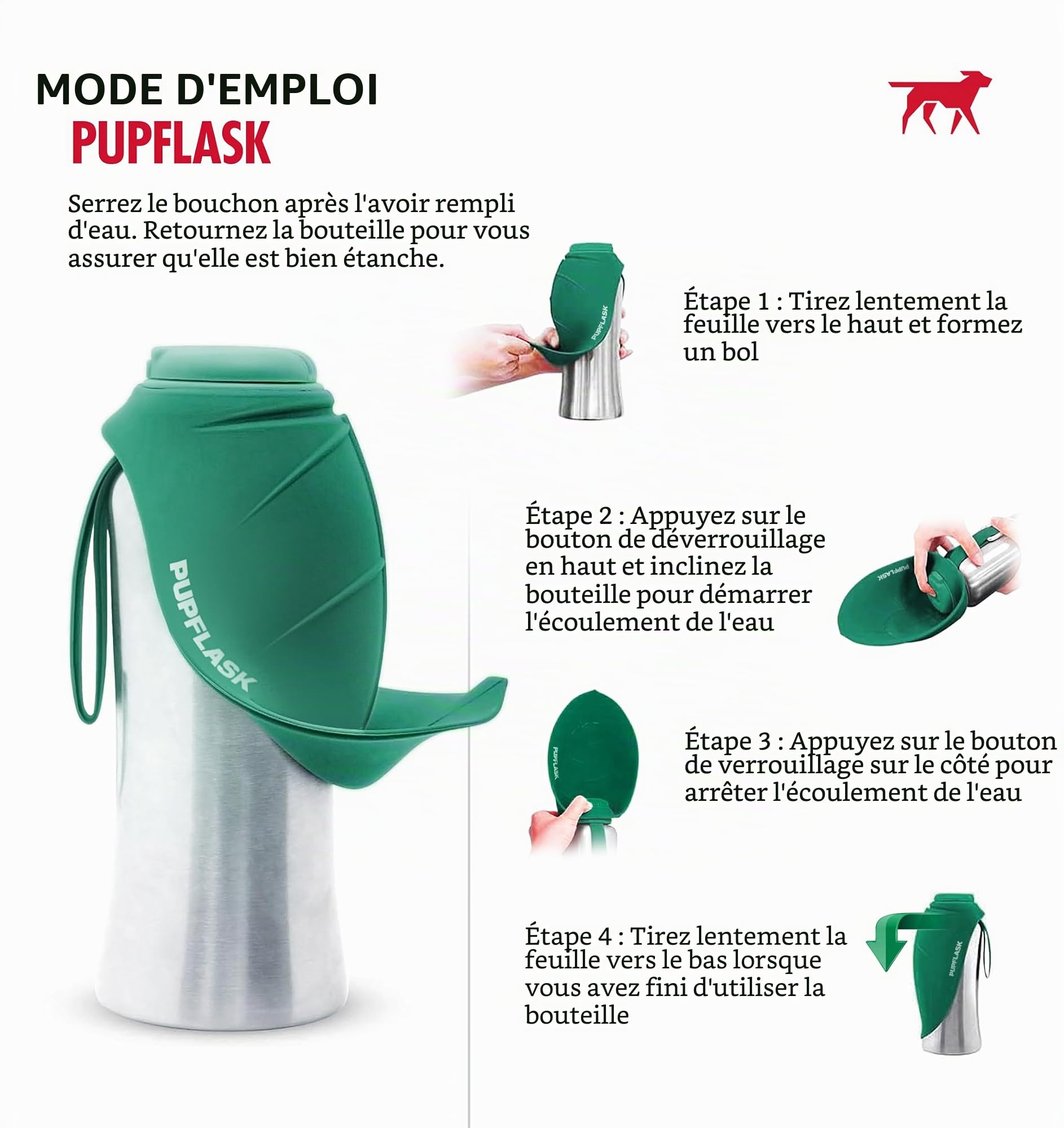 Bouteille d'eau pour Chien PupFlask | Bol d'eau de Voyage en Acier Inoxydable de 800 ou 1200ml | Distributeur d'eau Pratique pour Animaux de Compagnie