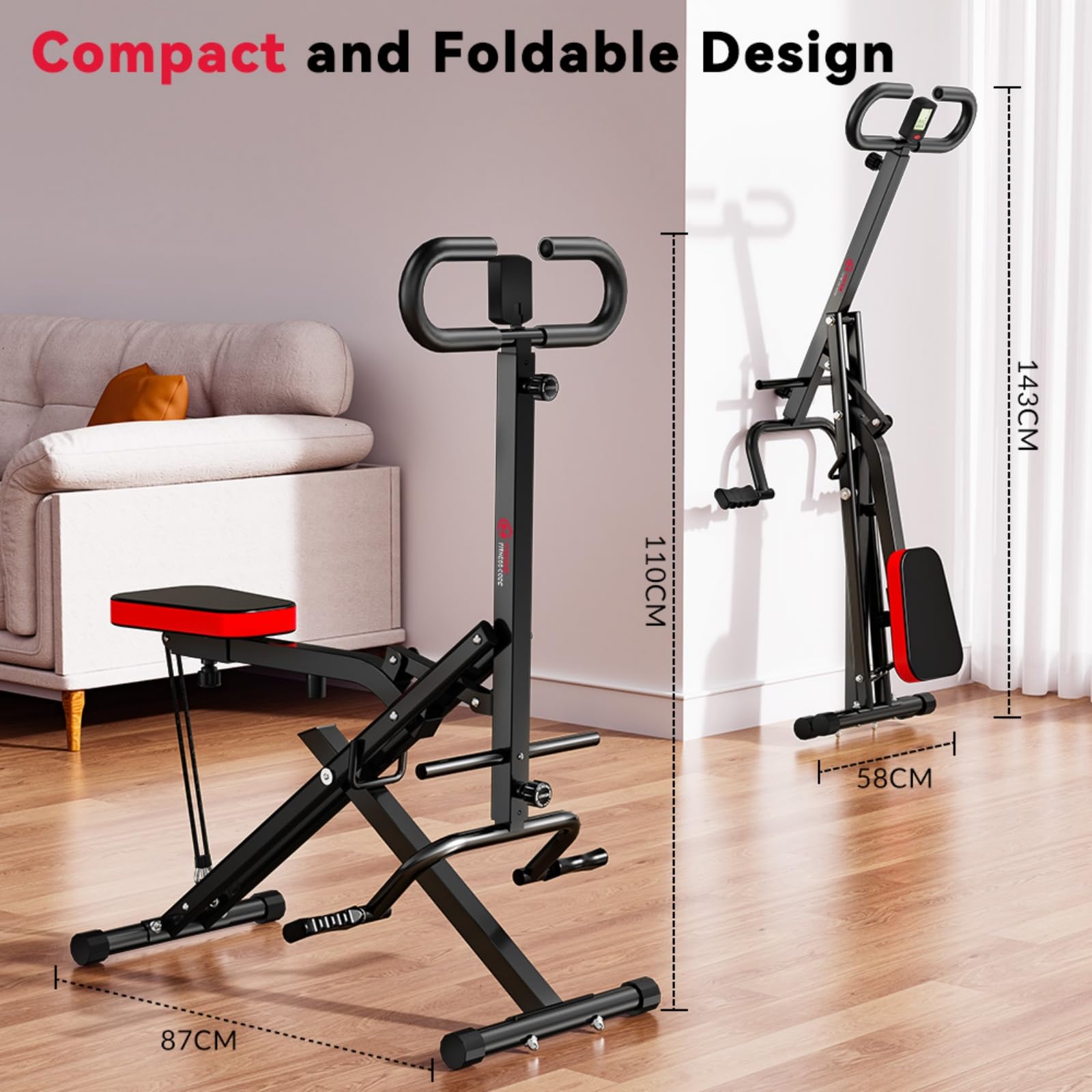Máquina de Sentadillas Plegable para Entrenamiento en Casa, Asistente Row-N-Ride, Carga Máxima 165 kg, AB Booster para Abdomen, Aparato de Fitness Plegable, Montaje 10 Min,
