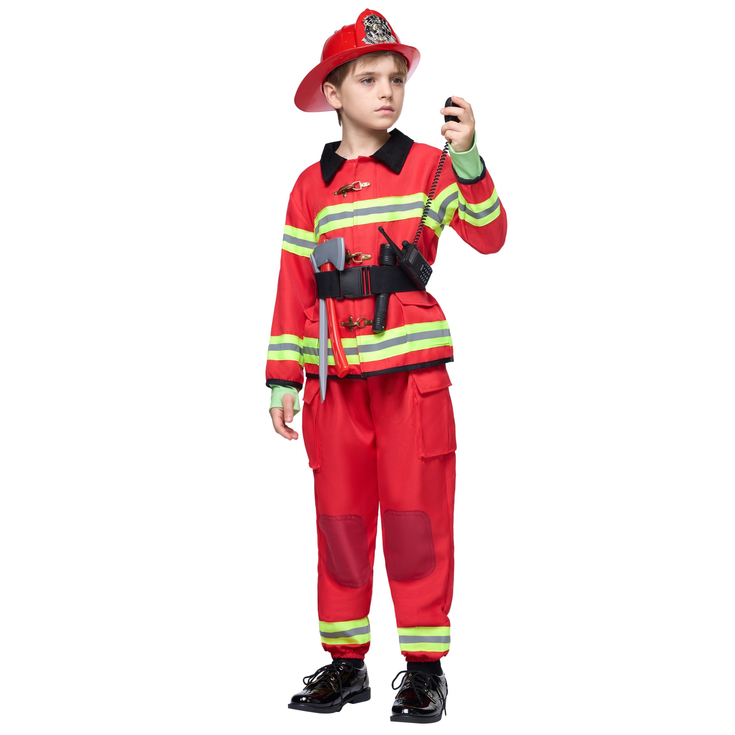 Spooktacular Creations Kostium strażaka dla dzieci, zestaw do odgrywania ról z gaśnicą, kaskiem strażackim, zabawką strażaka, przebranie dla chłopców i dziewczynek, karnawał, Halloween