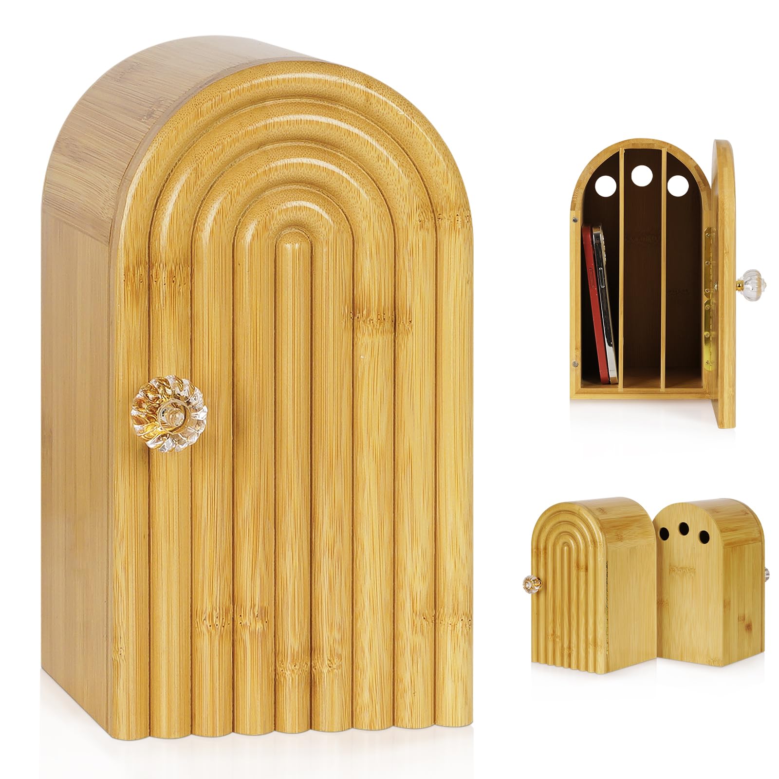 Lzttyee Phone Box for Family Time, Bamboo Cell Phone Jail, 3 Sections Hold 6 Phones, with Charging Holes, Phone Holder Self-Discipline Box, Help Kids