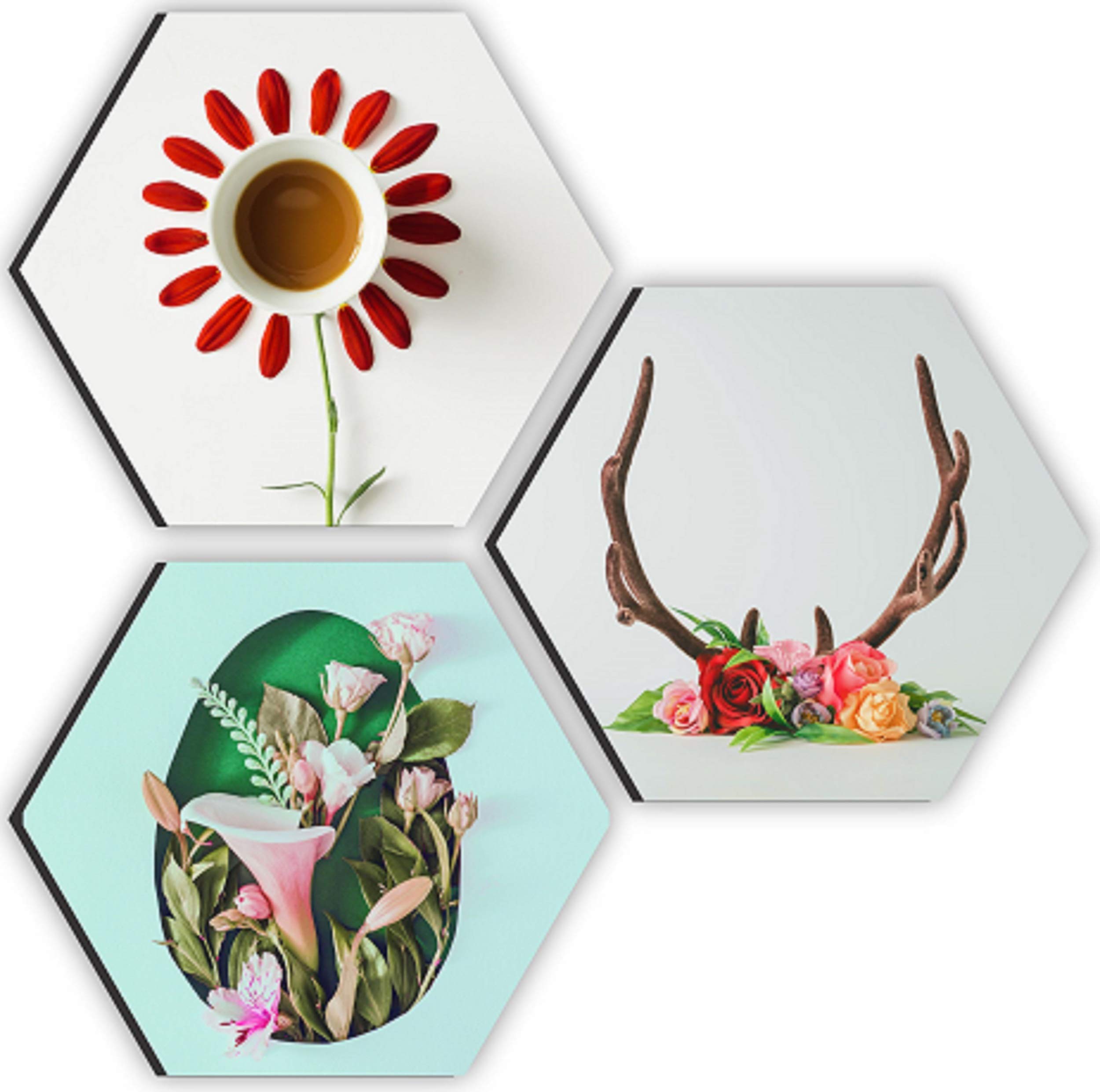 SAF Preety Flower and Leaf in Cone Pot 3 Piece UV Textured Multi-Effect Self adheshive Painting 17 Inch X 17 Inch SANFHX31154