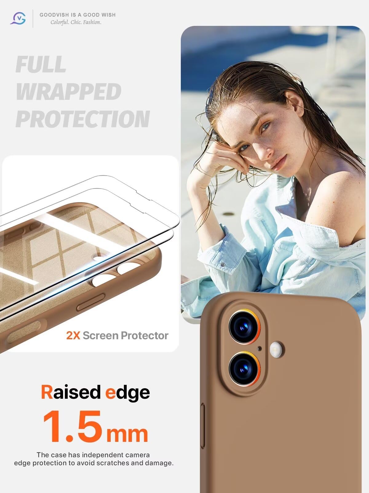 GOODVISH 3 in 1 Silicone Cover per iPhone 16 6.1", Custodia con 2 Pellicola Vetro Temperato [Protezione Fotocamera] 360° Protezione Anticaduta Case per Cellulare Antiurto Resistente, Cachi
