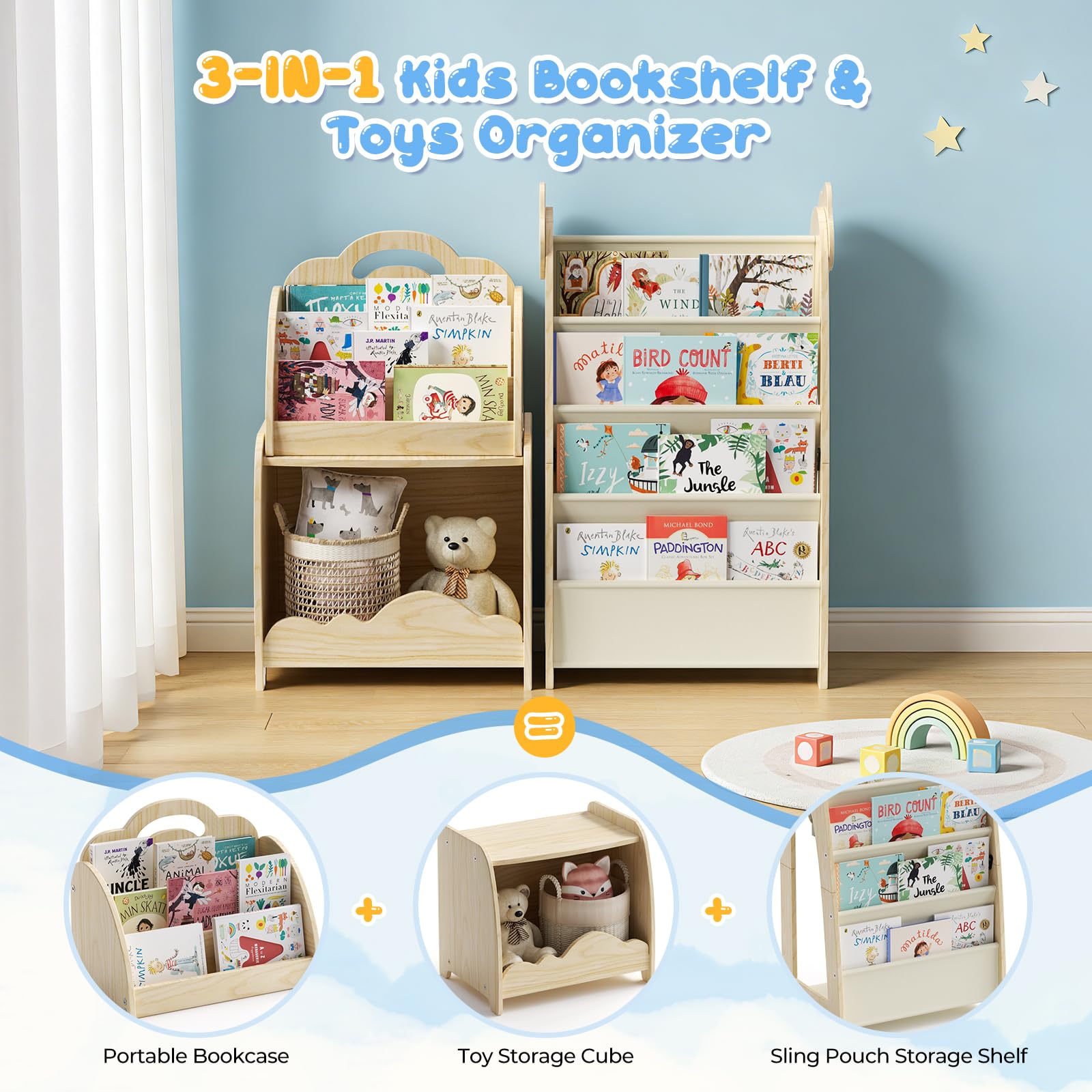 Kinderregal, 3-in-1 Kinderbücherregal und Spielzeugaufbewahrungsregal mit Hängetasche, Tragbares Bücherregal mit Griff, Aufbewahrungsregal aus Holz für Schlafzimmer und Spielzimmer (Abnehmbar)