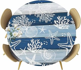 Round Fitted Tablecloth with Elastic Edge 36"-44",Nautical Starfish Shell Coral Waterproof Oil-proof Table Cover Tablecloths for Indoor Outdoor Party Picnic Banquet,Farmhouse Plank Ombre Navy Blue