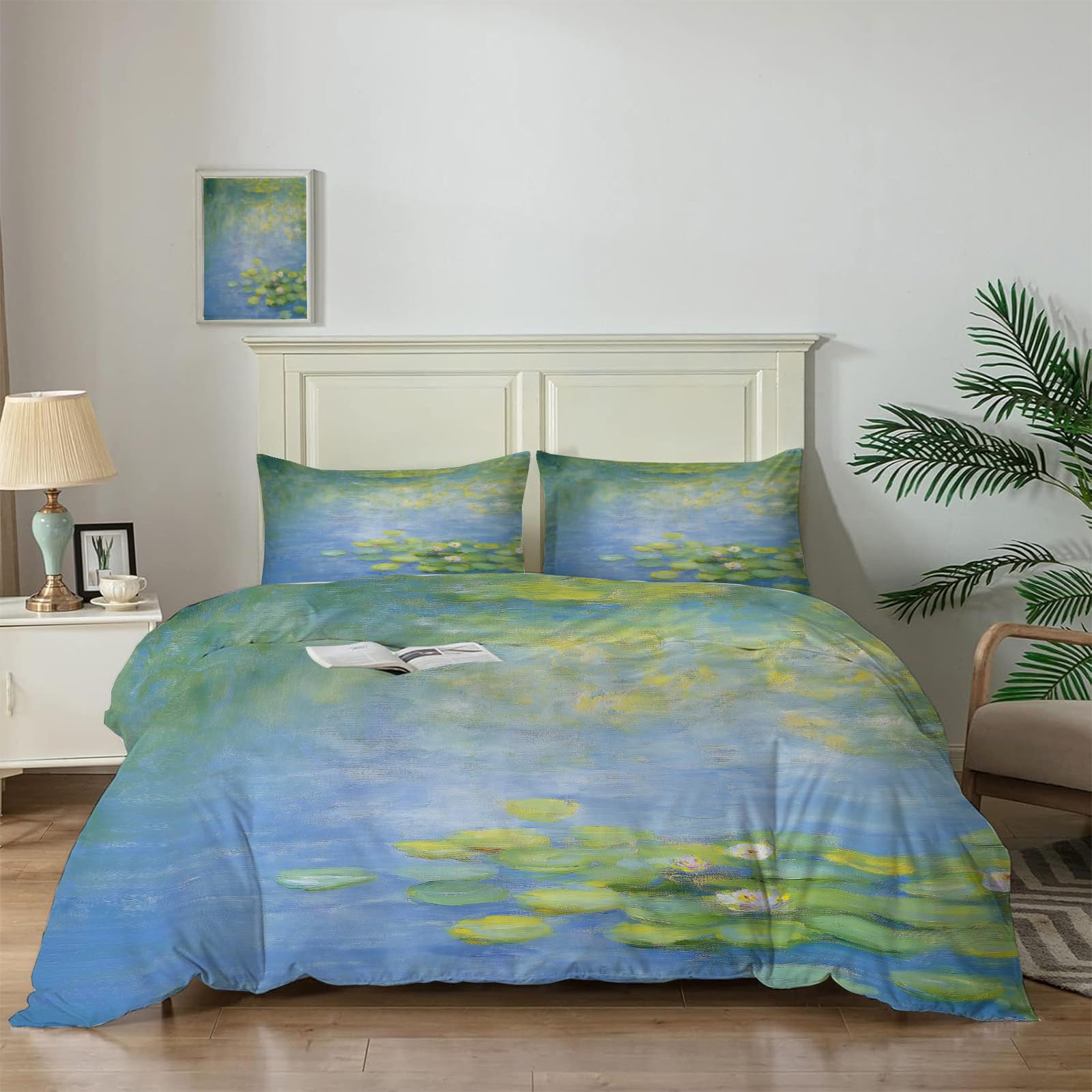 Housse de couette nénuphars Monet 140x200 anti-plis et douce pour lit 1 personne sans repassage