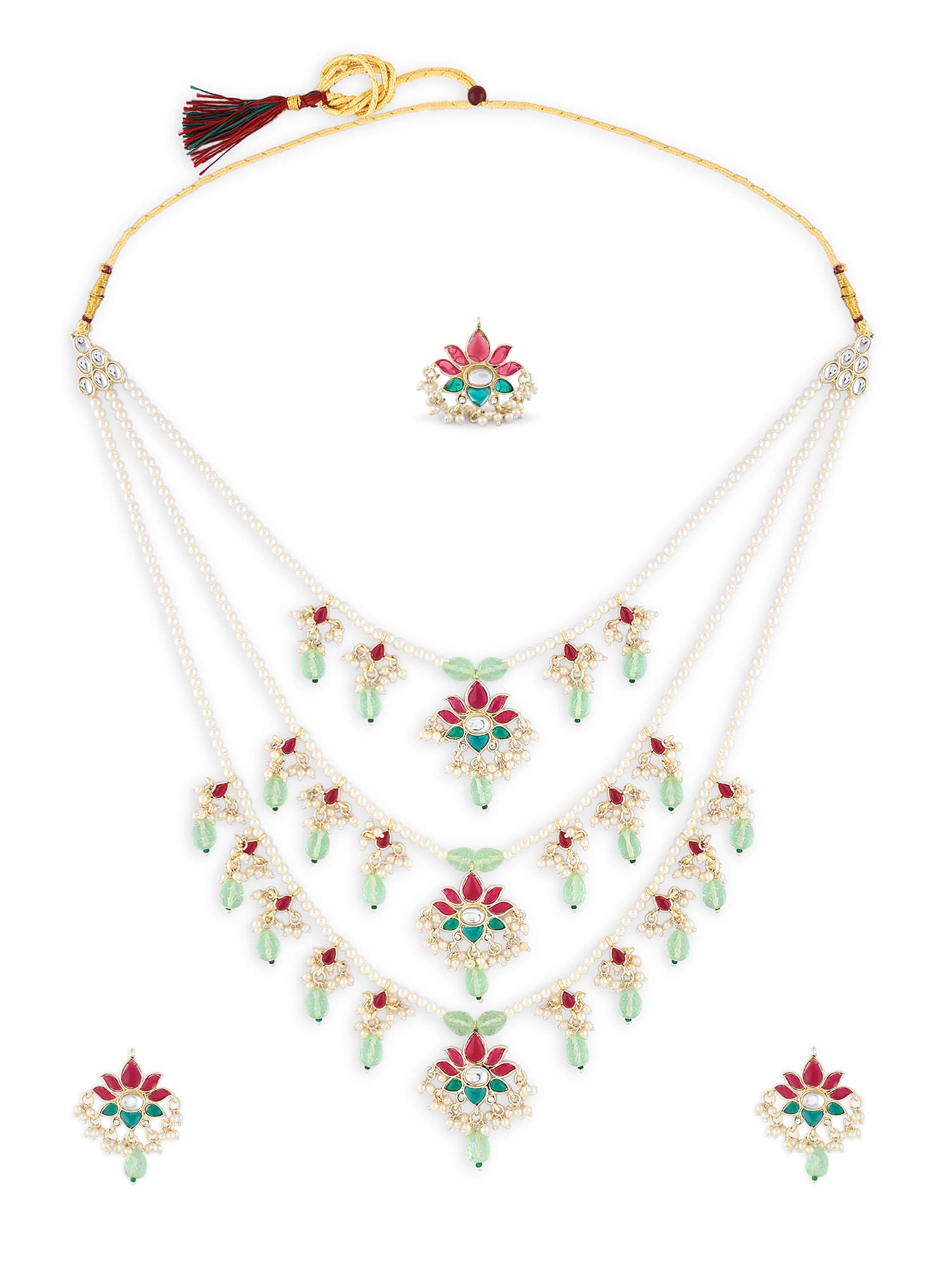 ZAVERI PEARLS Pink Green Multilayer Beaded Kundan Bridal Necklace Earring & Ring Set For Women-ZPFK15897 (B0C4TRVNNR) Amazon Price History, Amazon Price Tracker