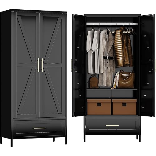 METAN Metal Wardrobe Closet with Doors,Armoire Wardrobe Closet with 1 Drawer for Bedroom,Assembly Required,Black