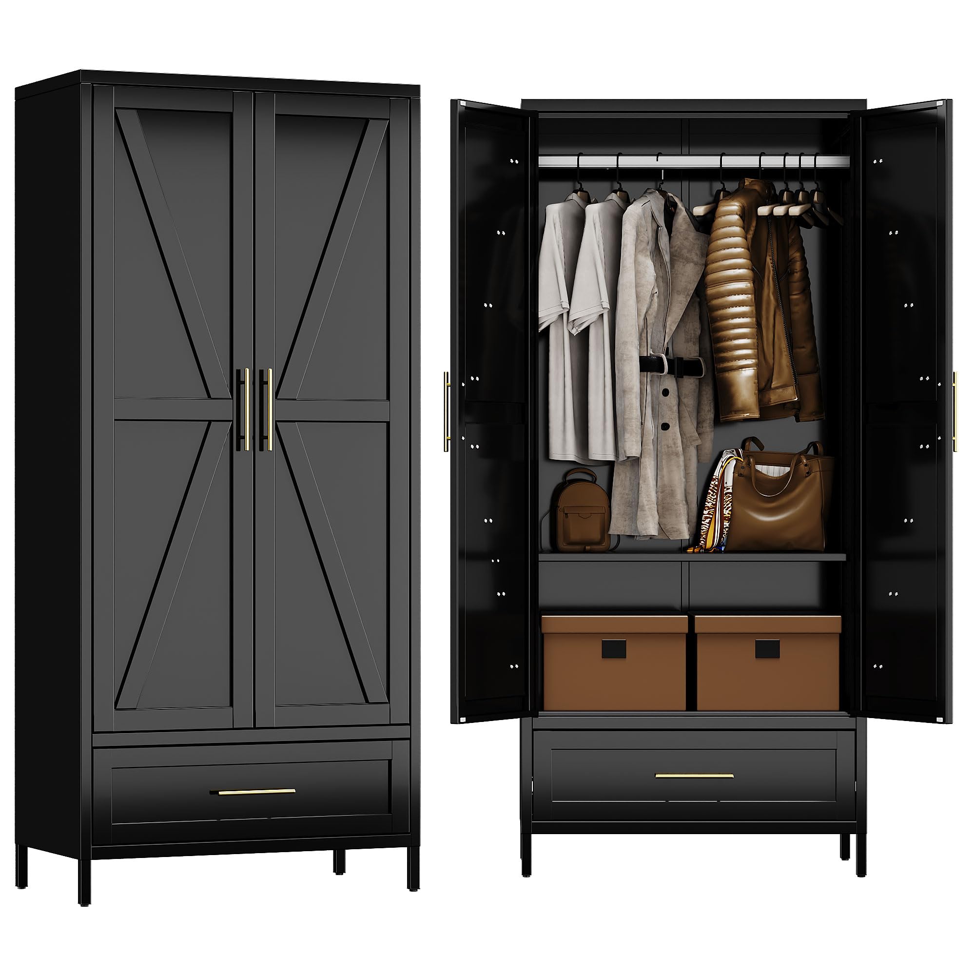 Aobabo Metal Wardrobe Cabinet with 1 Drawer, 71" H Metal Armoire Wardrobe Closet with 1 Adjustable Shelf and Hanging Rod for Home, Laundry Room, Office, Installation Required, Black