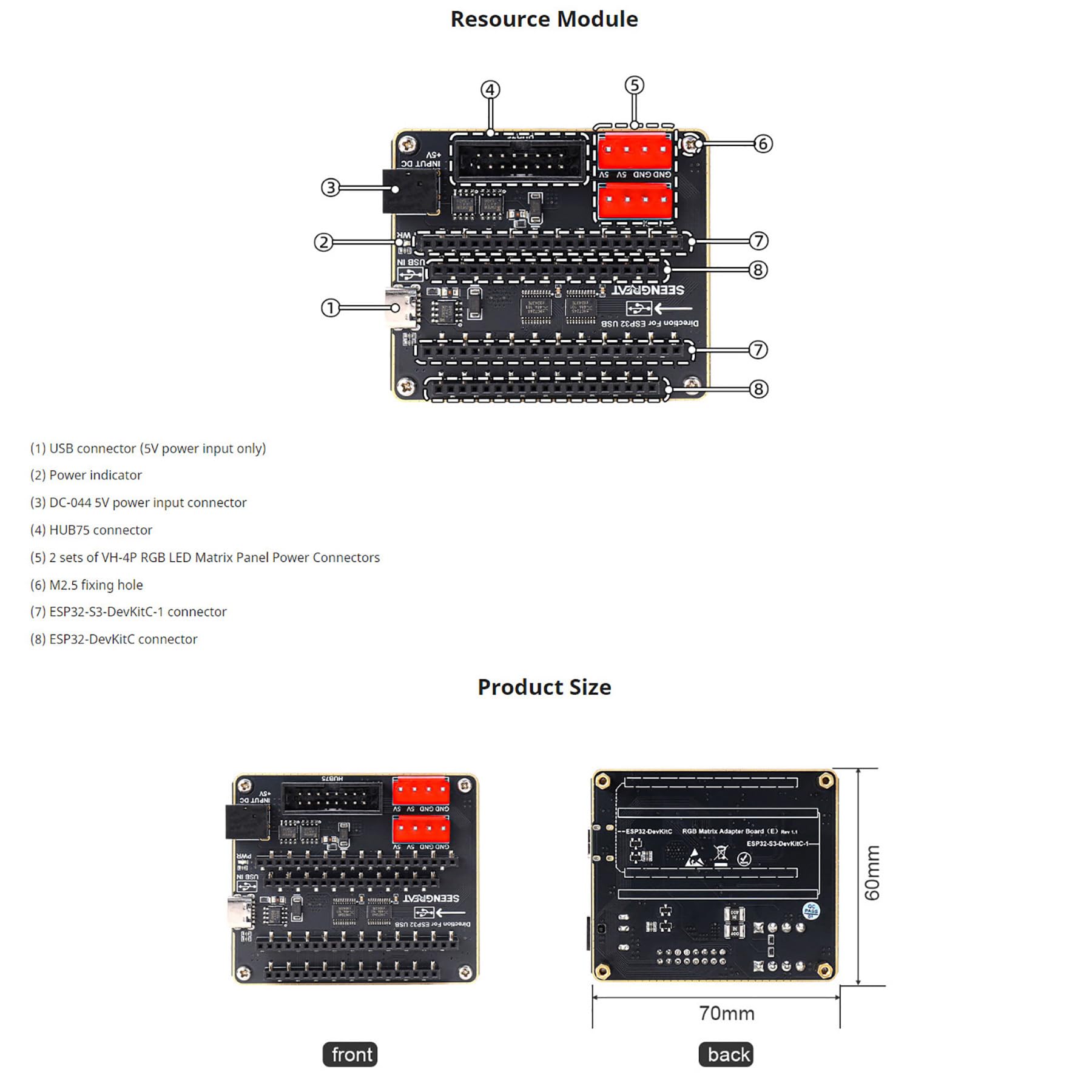 Karta adaptera matrix RGB (E), zaprojektowana dla ESP32-S3 DevKitC-1 i ESP32-DevKitC V4, interfejs HUB75, Dual Power Input USB-C/DC, kompatybilna z panelem LED RGB
