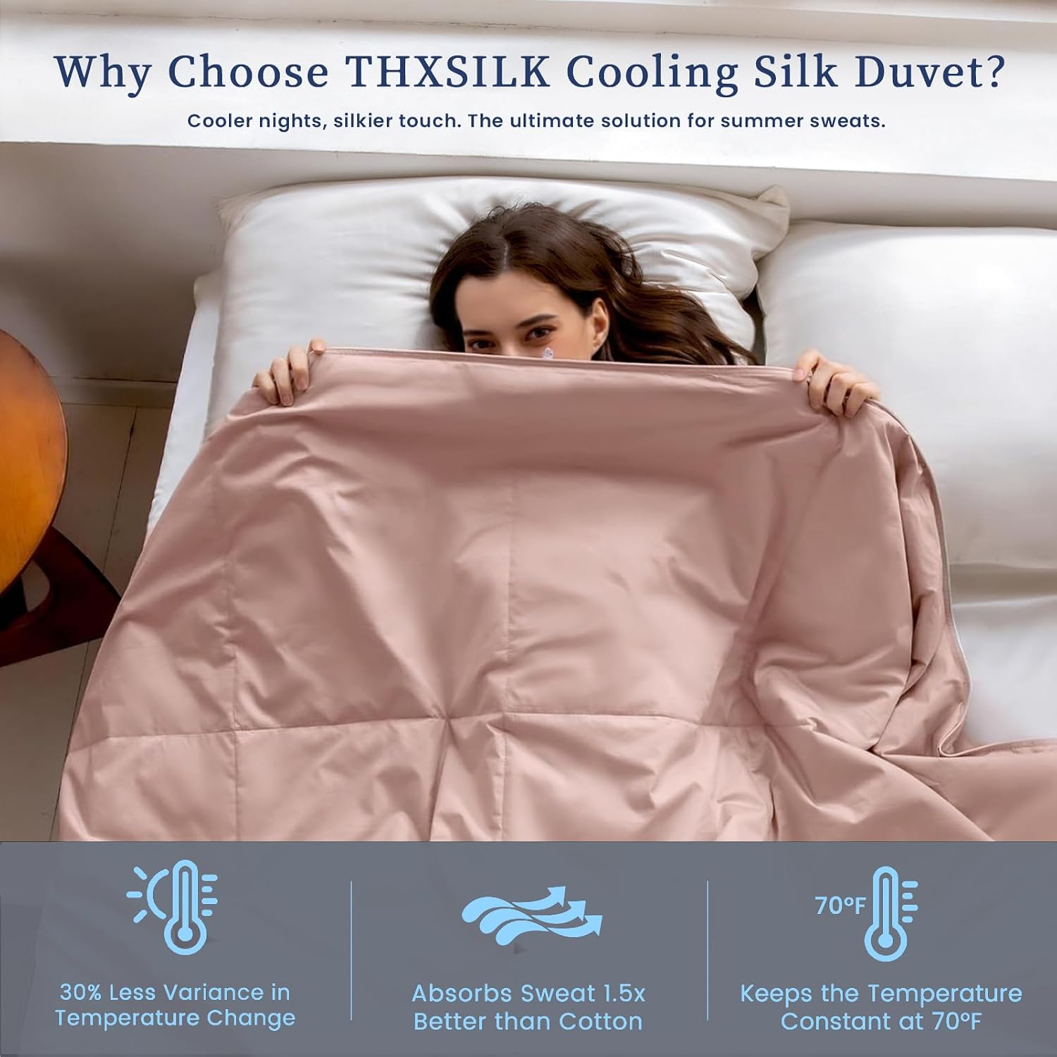 THXSILK 100% Tussah Silk Cooling Quilt for Summer Pink Queen Size | 100% Long Strand Washable Wild Silk Floss Filling with Cotton Shell Comforter Duvet Ultra Soft Light Weighted Breathable