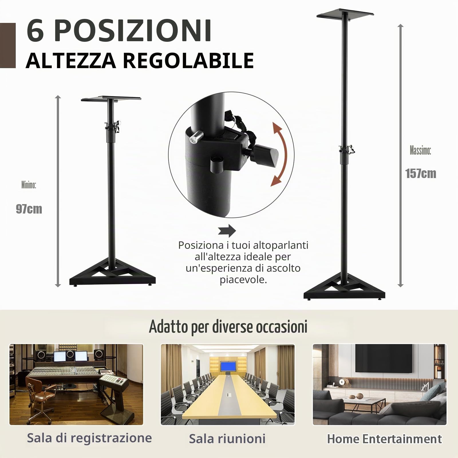 KOMFOTTEU Set di 2 Supporti per Altoparlanti da Pavimento, Regolabile in Altezza da 97 a 157 cm, Stabile con Struttura a 3 Zampe, Vassoio in Metallo fino a 50 kg, Stativi per Casse Audio, Nero