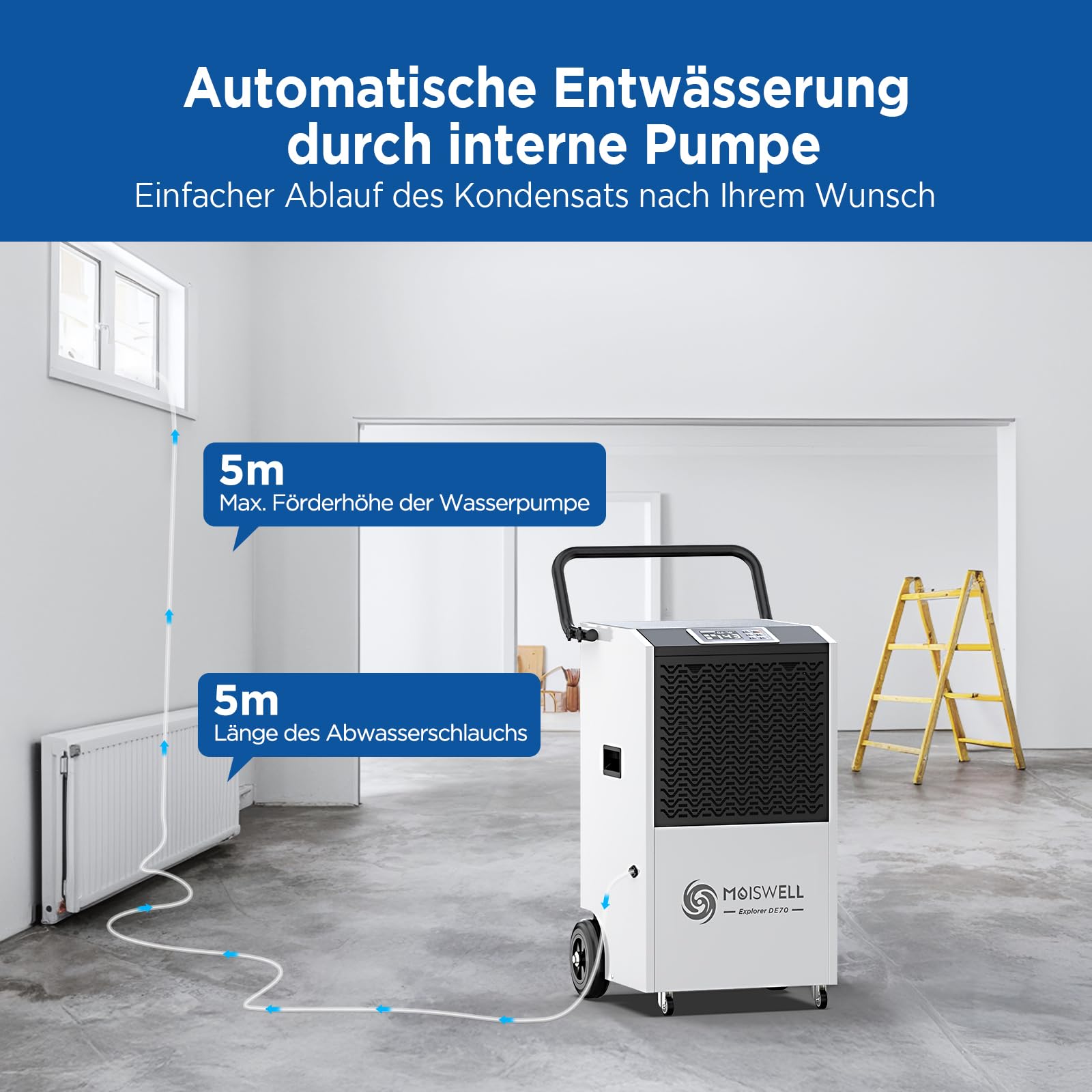 80 L Gewerblicher Luftentfeuchter mit Pumpe Bautrockner für Keller, Baustellen & Industrie – Mobiler, Robuster Entfeuchter für Räume bis 350 m³