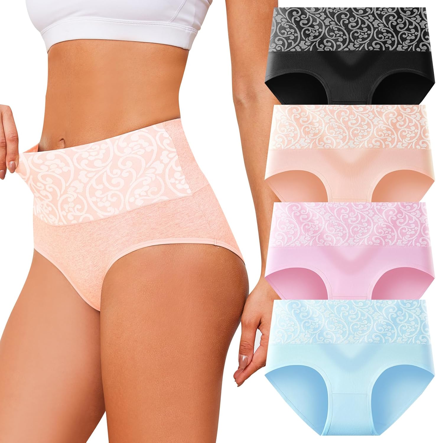 Womens Underwear Cotton Tummy Control High Waisted Underwear Soft Breathable Full Coverage Panties Multipack