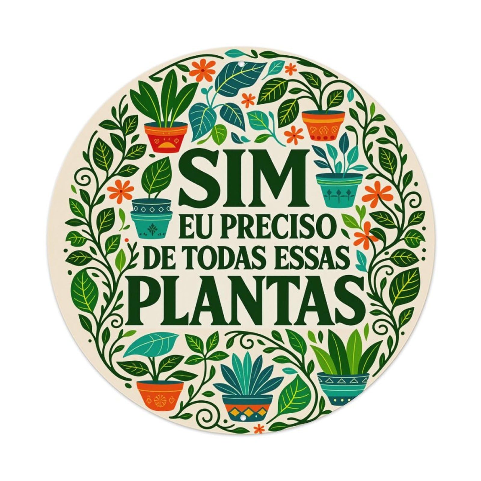 Plant Pattern With Colorful Pots And Leaves Round Tin Sign Vintage Metal Poster Retro Bar, Home, Man Cave, Kitchen, Laundry Room Wall Art Decor Gift 8x8Inch