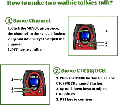 Miniatura 7 de Walkie Talkies de juguete Retevis RT628 para niños con 22 canales FRS UHF 462550- 4677125MHz de dos direcciones color rojo paquete de 2