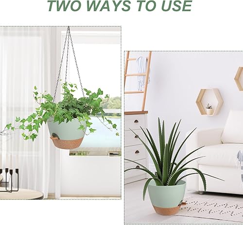 Miniatura 5 de Macetas colgantes para plantas de interior y exterior, 1 juego de macetas colgantes de riego automático con agujeros de drenaje y bandeja extraíble