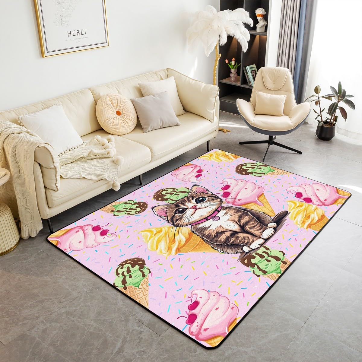 Homewish akwarela pączki dywaniki 150 x 200 cm - graffiti kreskówka kot salon dywan kremowy ciasto dekoracja nie gubi włosia dywan pączek i lody drukowane duże dywany