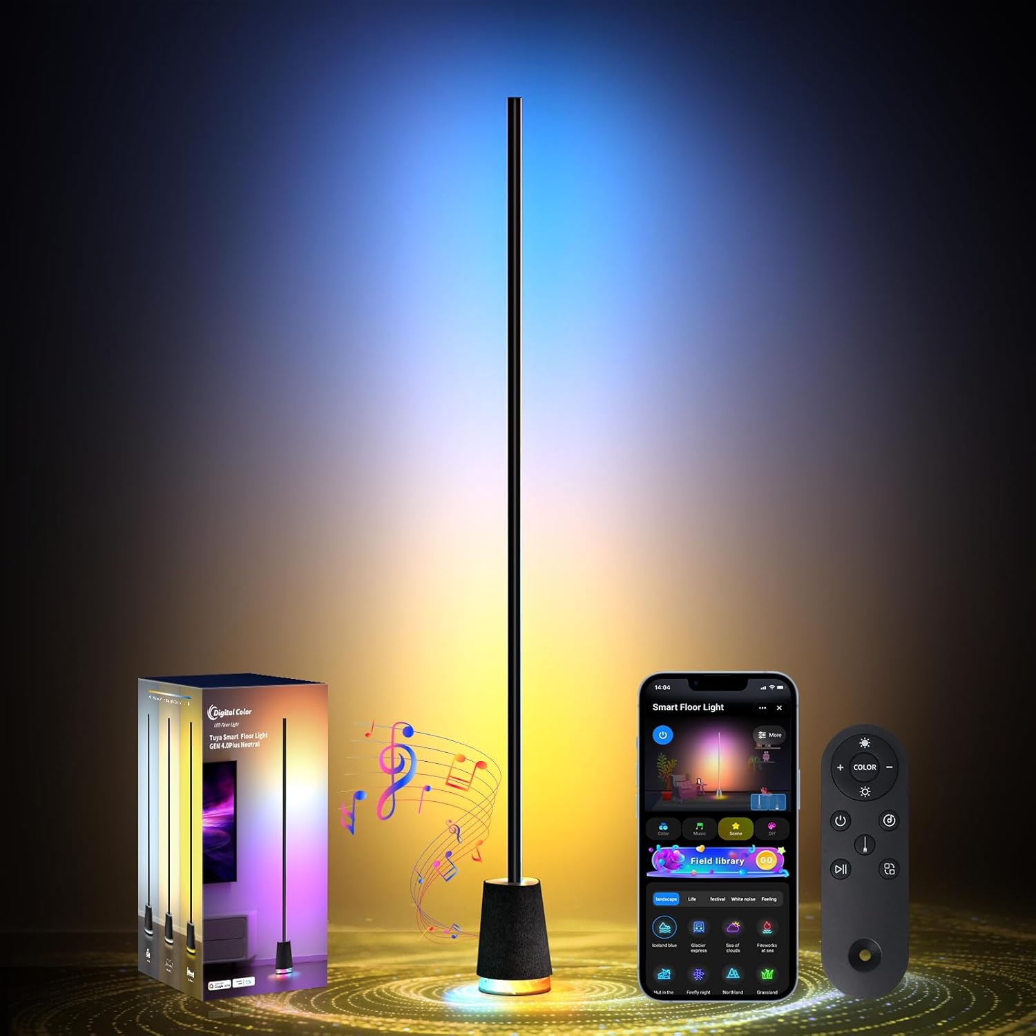 Corner Floor Lamp, 1600lm RGB Corner Lamp, with Bluetooth Speaker and White Noise, Compatible with Alexa & Google, 16 Million DIY Colors, Sync with Music, for Bedroom &Living Room