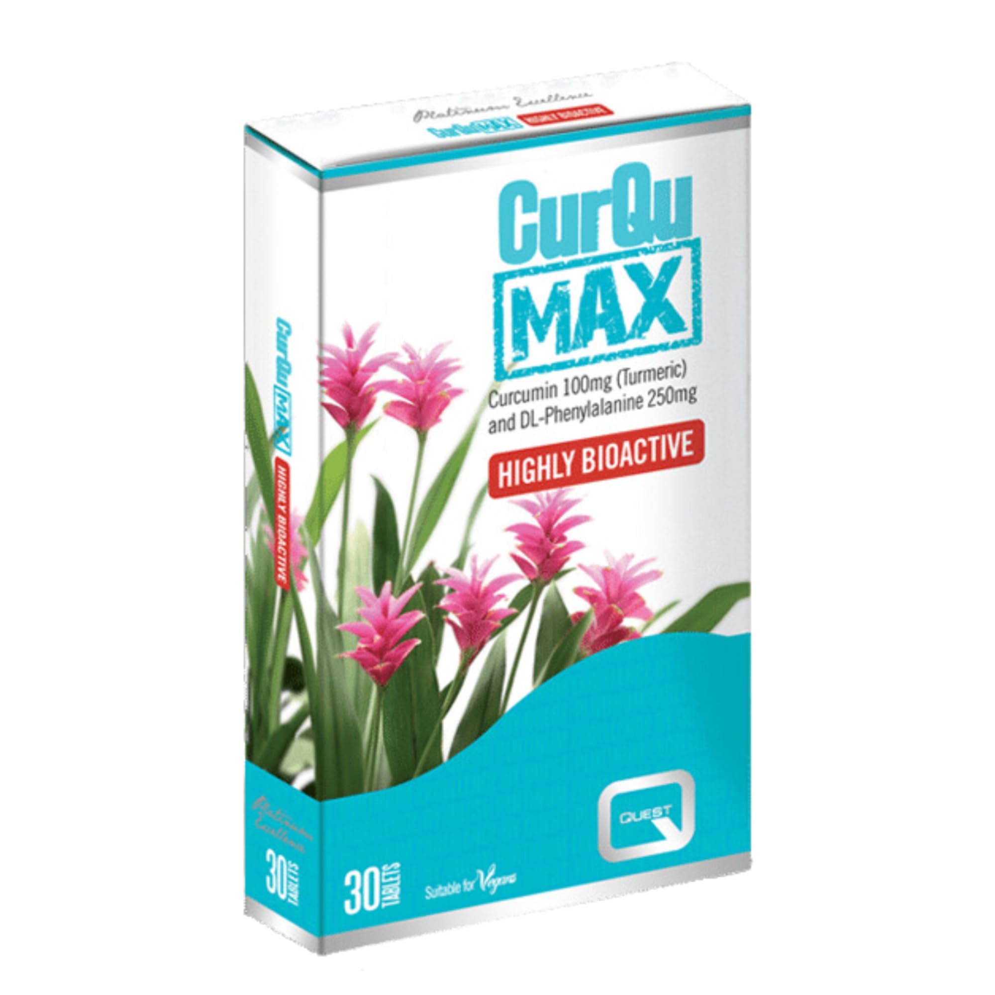 Quest - CurQuMax Curcumin Turmeric and Black Pepper with Phenylalanine. Natural Joint Care Supplements Providing Total of 100mg of Curcumins. Vegan & Free from Gluten (30 Tablets)