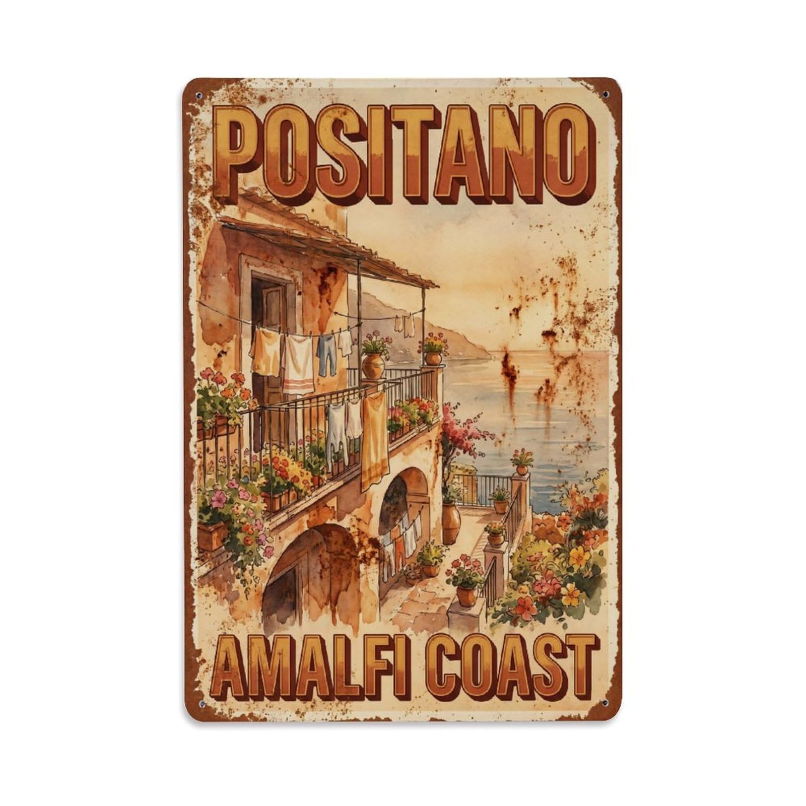 Vintage Travel Positano Italy Amber Metal Tin Sign