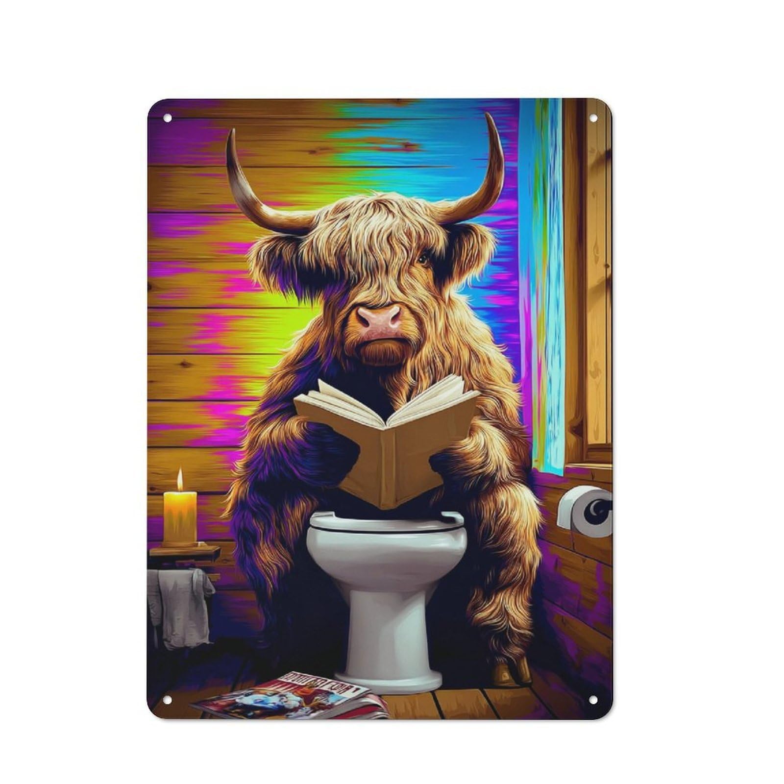 Simple Retro Highland Cow Reading in The Bathroom -2 Metal Wall Plaque 40x30cm, Creative Space Decor for Office, Study, Studio Or Hallway