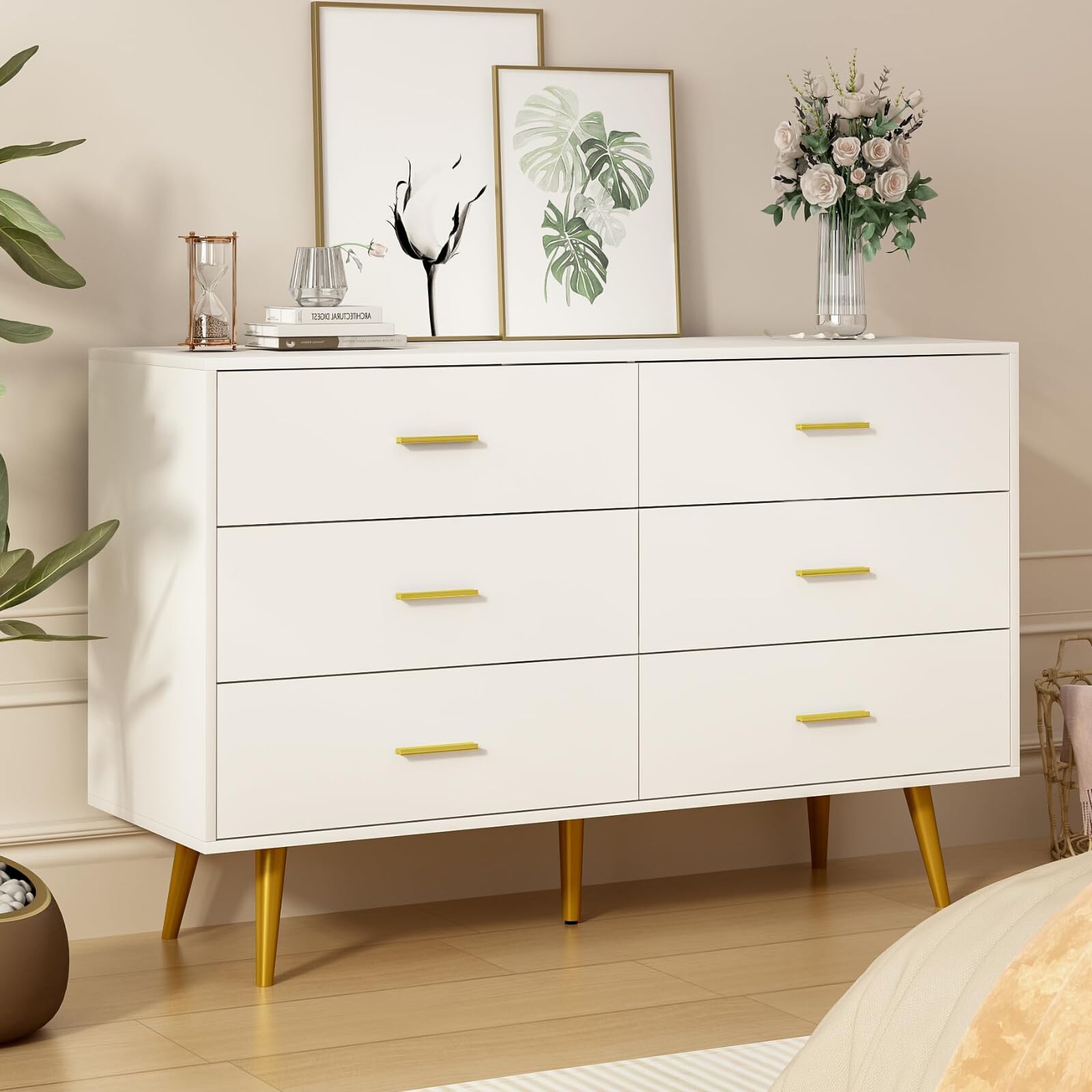 Amazon.com: Tradare White Dresser for Bedroom with Gold Handles, 6 Drawer  Wood Dresser Modern Chest of Organizer Storage Drawers for Hallway, Living  Room, TV Stand : Home & Kitchen
