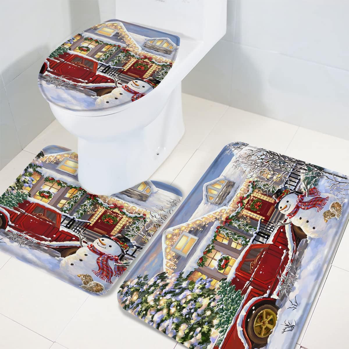 Libaoge Bathroom Mat Sets 3 Piece/Set Rugs Merry Christmas Happy Snowman and Red Truck Memory Foam Mat Set Matches Anti-Skid Absorbent Toilet Seat Cover Bath Mat Lid Cover 20"x31"+16"x18"+16"x20"