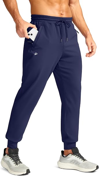 Pudolla Mens Fleece Joggers with 3 Zipper Pockets Warm Athletic Pants Winter Workout Gym Running Sweatpants for Men