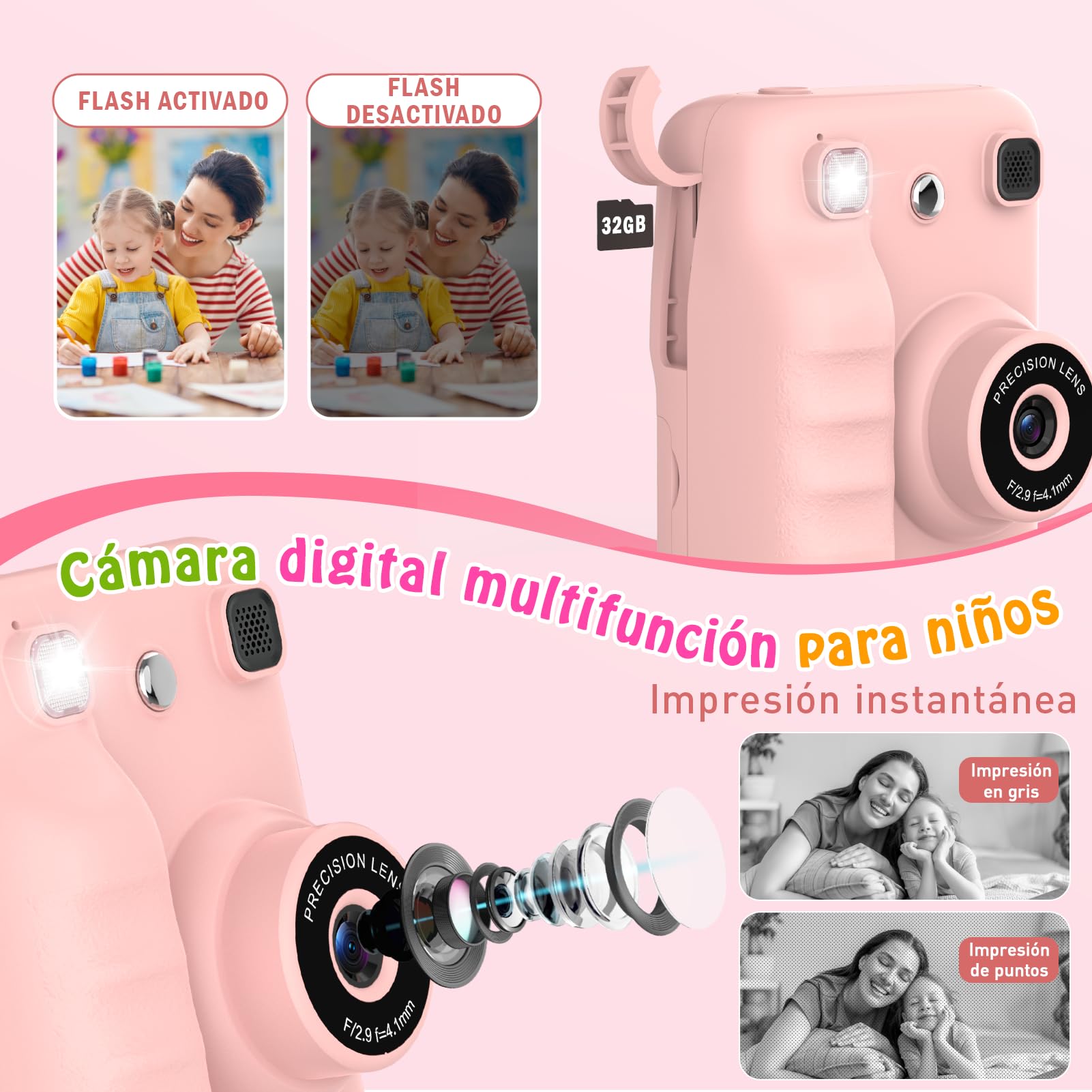 Camara Fotos Infantil Instantanea, Regalo Niña 3 4 5 6 7 8 Años 2.4" HD Camara Fotos Infantil Juguetes Niñas 3-12 Años Regalos Cumpleaños Niños Cámara Instantánea Niños Regalos Navidad