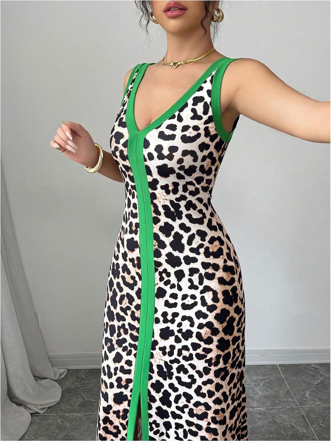 SOLY HUX Women's Leopard Maxi Dress Cheetah Print V Neck Sleeveless Split Bodycon Long Dresses - Image 4