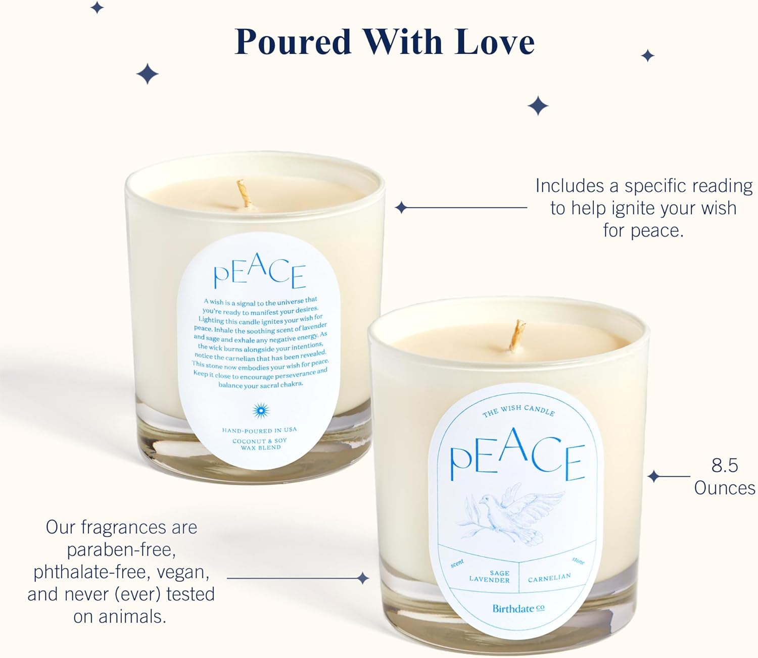 Wish Candle Peace by Birthdate Co. | Scented Candle w/Stone Crystal | All-Natural Soy & Coconut Wax Blend | Birthday Gift for Women & Men, Long Burn Time of 45-55 Hours, Made in USA | 8.5 oz