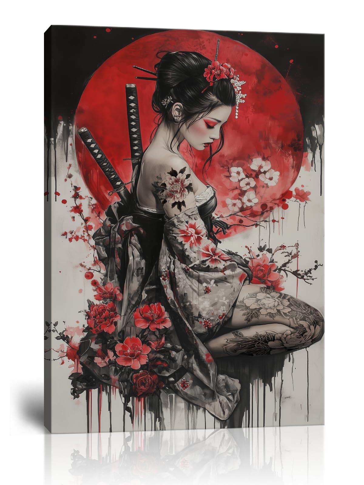 Japanese Geisha Samurai Canvas Wall Art, Cherry Blossom Red Sun Asian Oriental Framed Dec…