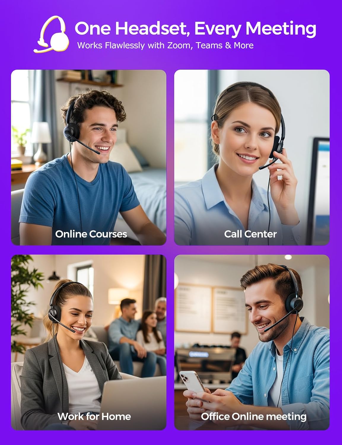 USB Headset with Microphone for PC, Computer Headset with Microphone Noise Canceling Mic for Laptop Call Center Wired Headset with Mic for Work Zoom Skype Teams from Office Home (Black) - Image 2