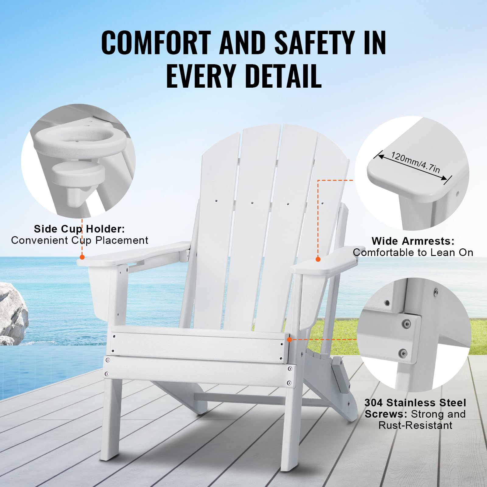 VEVOR 2 Juegos de Sillas Adirondack de Plástico Plegables y Portátiles de 800 x 755 x 915 mm para Exteriores, con Portavasos, Reposabrazos Relajante y Ergonómico para Jardín, Patio Trasero, Blanco