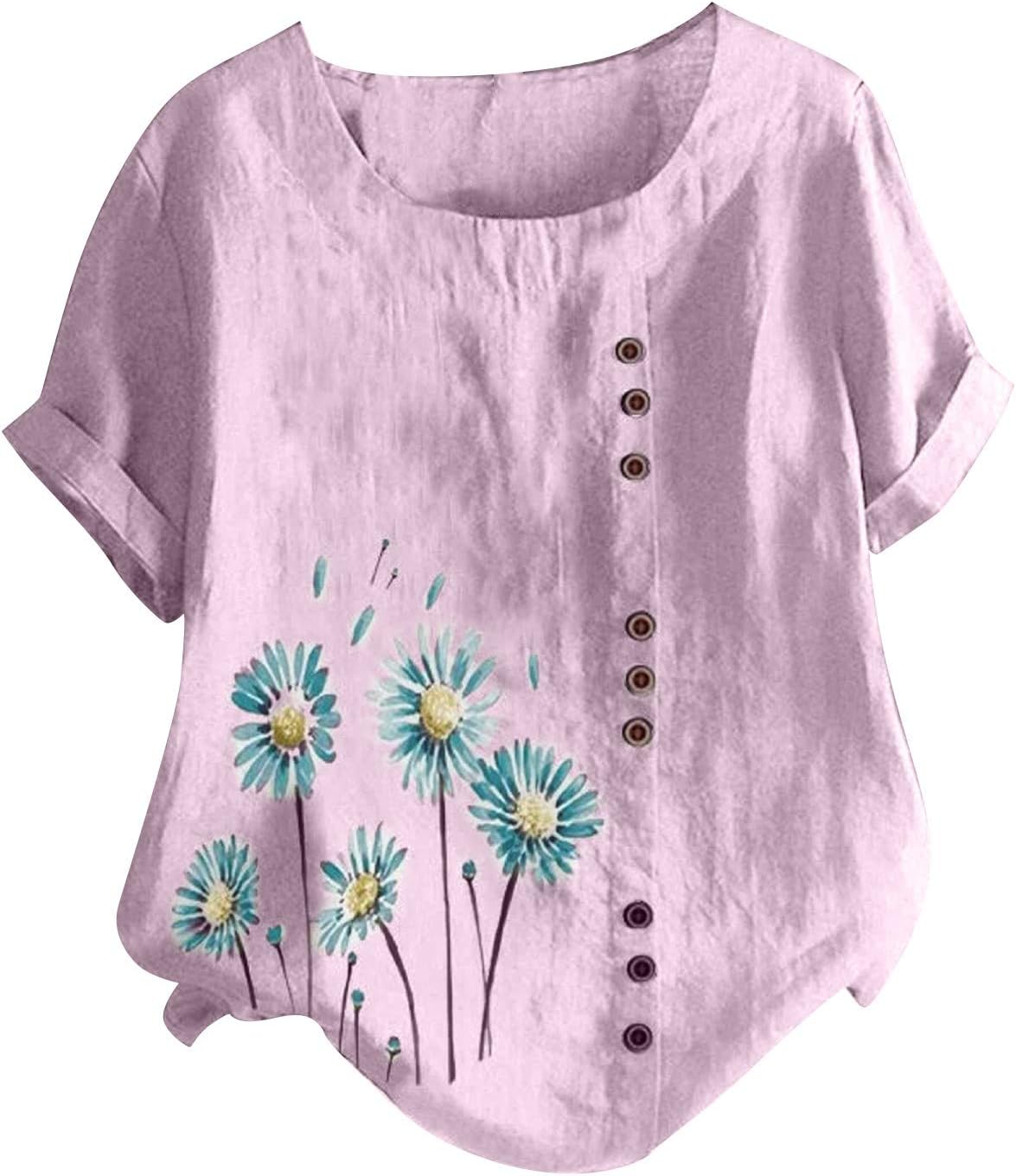AMhomelyWomen Shirts and Blouse Sale Clearance,Ladies Plus Size Short Sleeve Cotton Linen O-Neck Button Print Blouse Top T-Shirt Elegant Tunic Shirts Tops Office UK Size S-5XL Shipping 7 Days