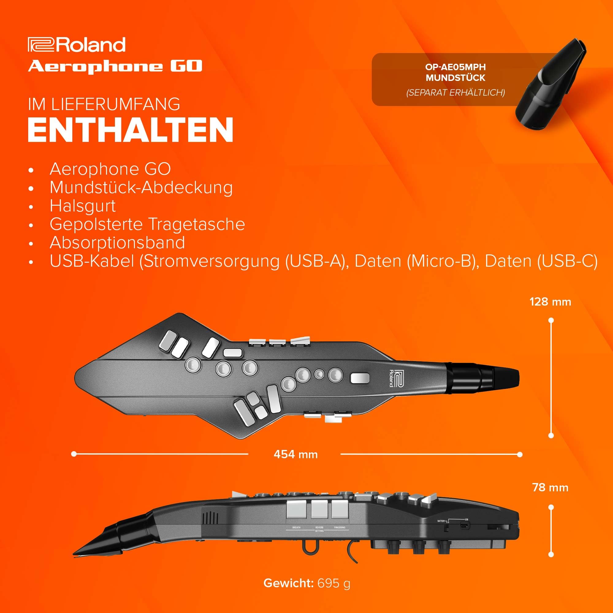 Roland AE-05 Aerophone GO | Kompaktes digitales Blasinstrument | Intuitive Steuerung & Spielbarkeit | 11 hochwertige Sounds | Integrierter Lautsprecher | Kopfhöreranschluss | Bluetooth-kompatibel