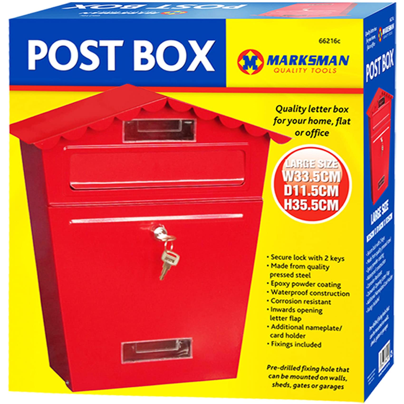 MARKSMAN LARGE POST BOX Mail Classic Letter Holder Steel Lockable Weatherproof Heavy Duty Outdoor Wall Mounted For Home, Flat Or Office + 2 Keys RED, GREY, BLACK UK FREE P&P (Red)