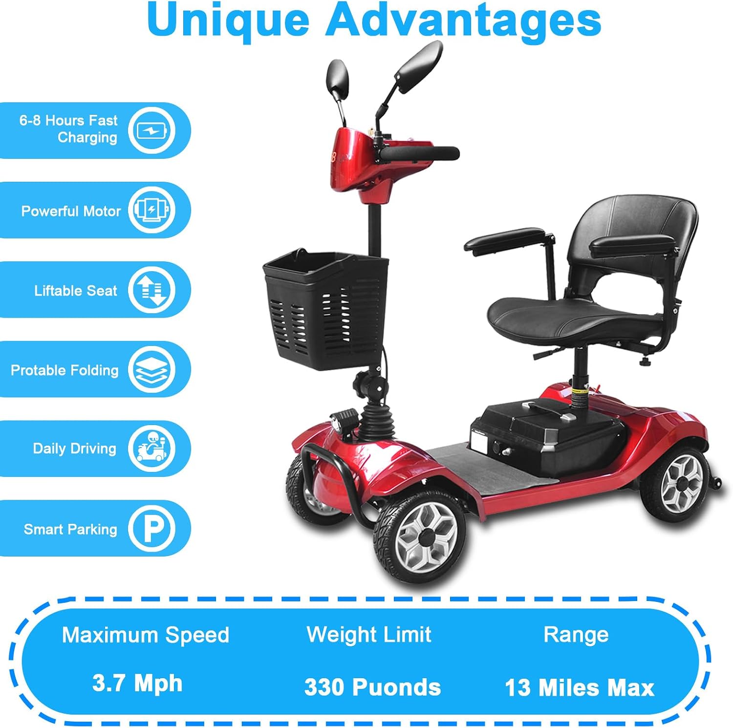 4 Wheel Mobility Scooter, Electric Power Mobile Scooters for Seniors Adult with Headlight Collapsible and Compact Duty Travel Scooter w/Basket and Extended Battery-13 Miles Range (Tesla-red)
