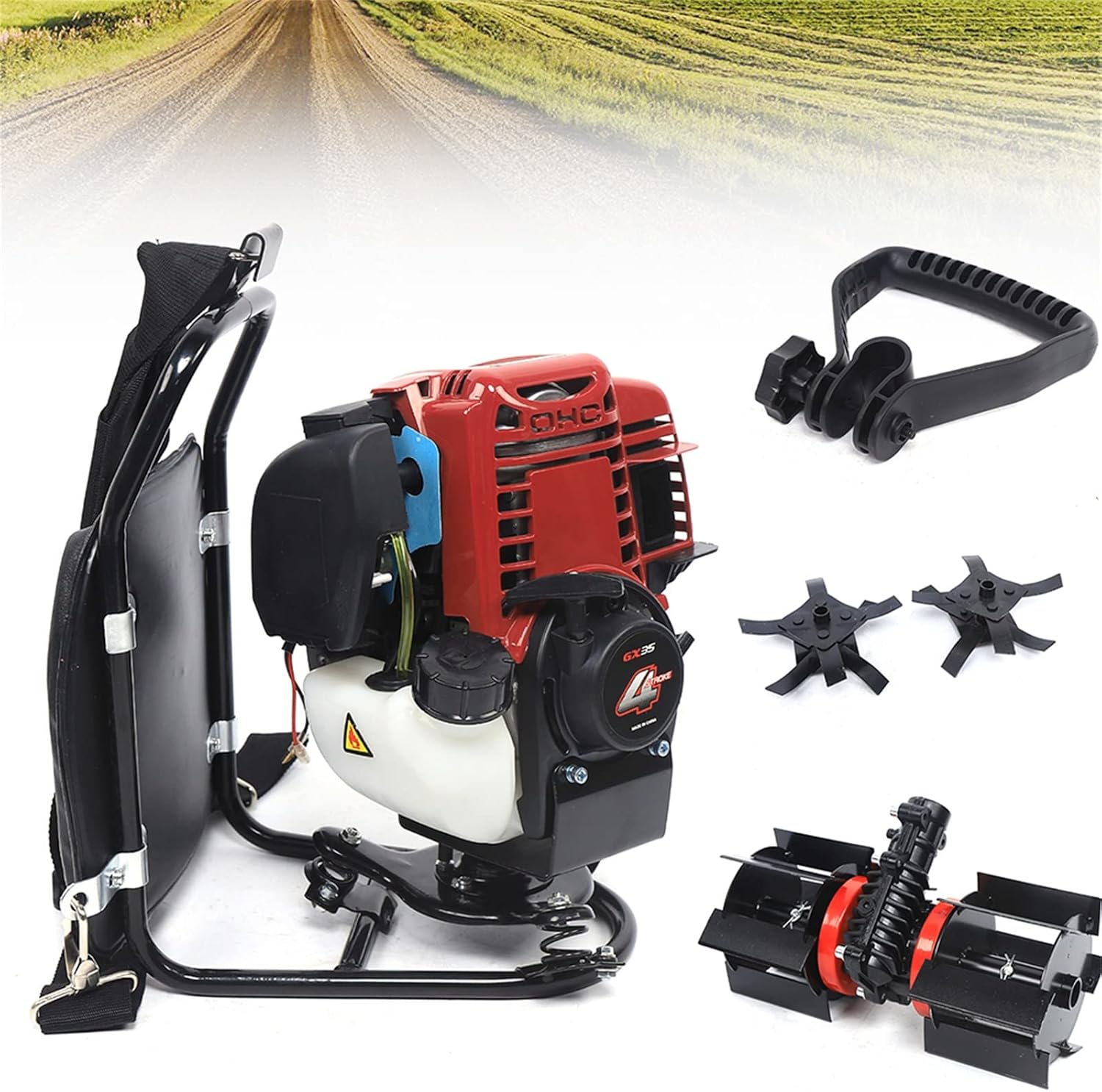 35.4CC Gas Powered Weed Wacker, 4-Stroke 1KW 4500-8500RPM Gasoline Weed Eater String Trimmer, Backpack Lawn Edge Cutter, Brush Cutter, Hedge Trimmer for Farmland Weeding, Harvesting, Clearing