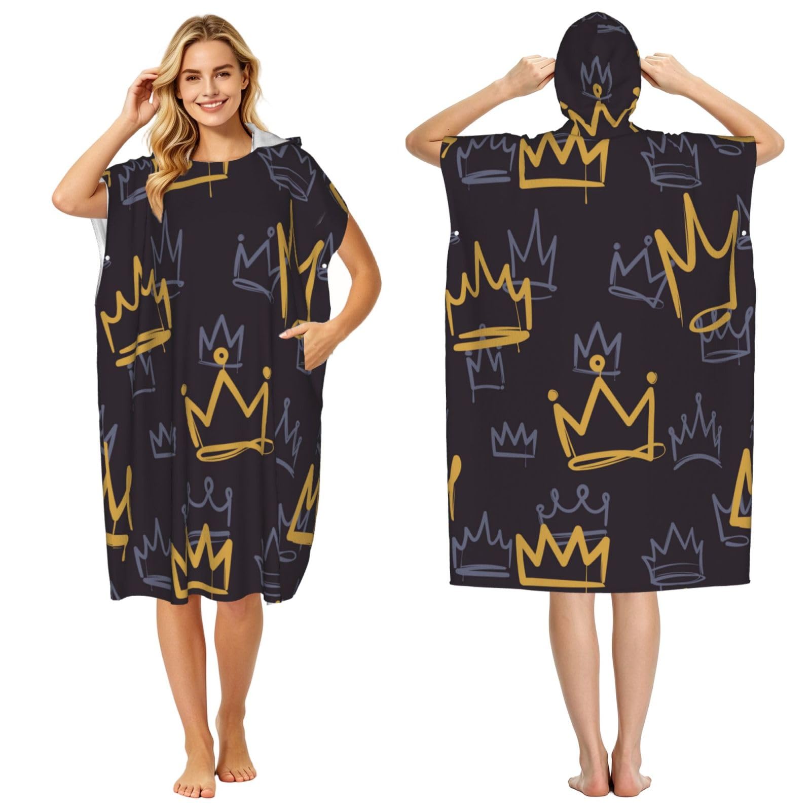 Poadnly Crown Doodle, Adult Hooded Beach Towel 90 x 110 cm,Changing Bath Robe, Surf Poncho Towel For Women Men