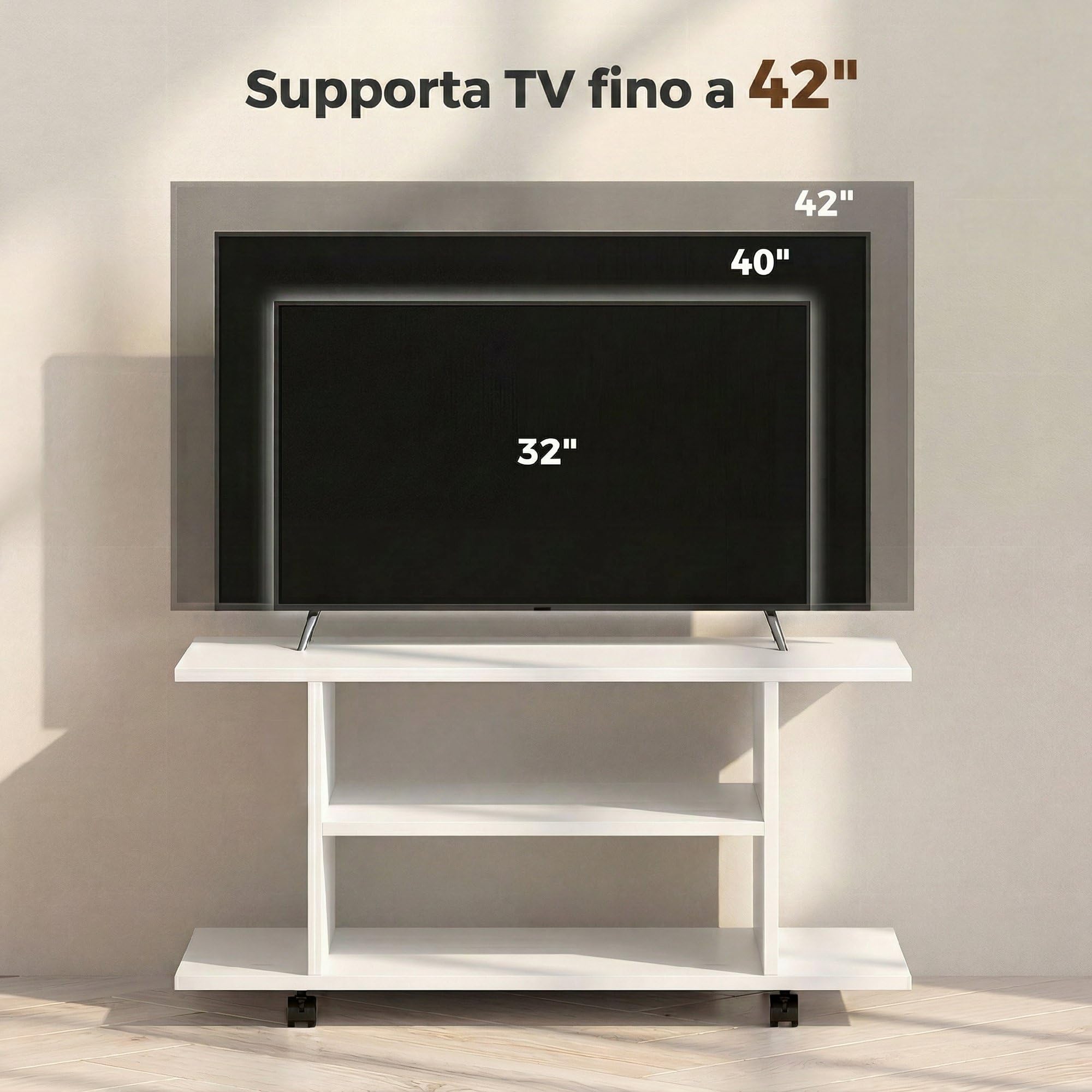 HOMCOM Mobile TV Moderno con Ripiani, 42" Porta TV con Ruote, 80x40x40 cm, Bianco