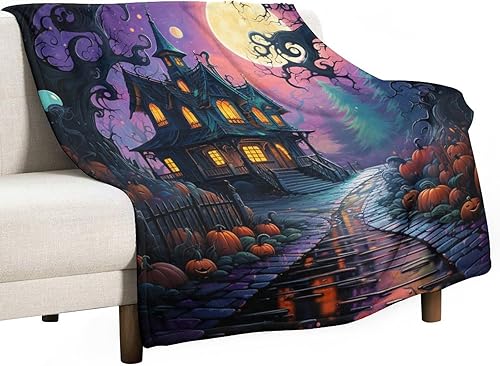 Miniatura 8 de Manta de forro polar con diseño de casa encantada, castillo, luna, calabazas, otoño, Halloween, lujosa, cálida y acogedora para sofá, cama, oficina,