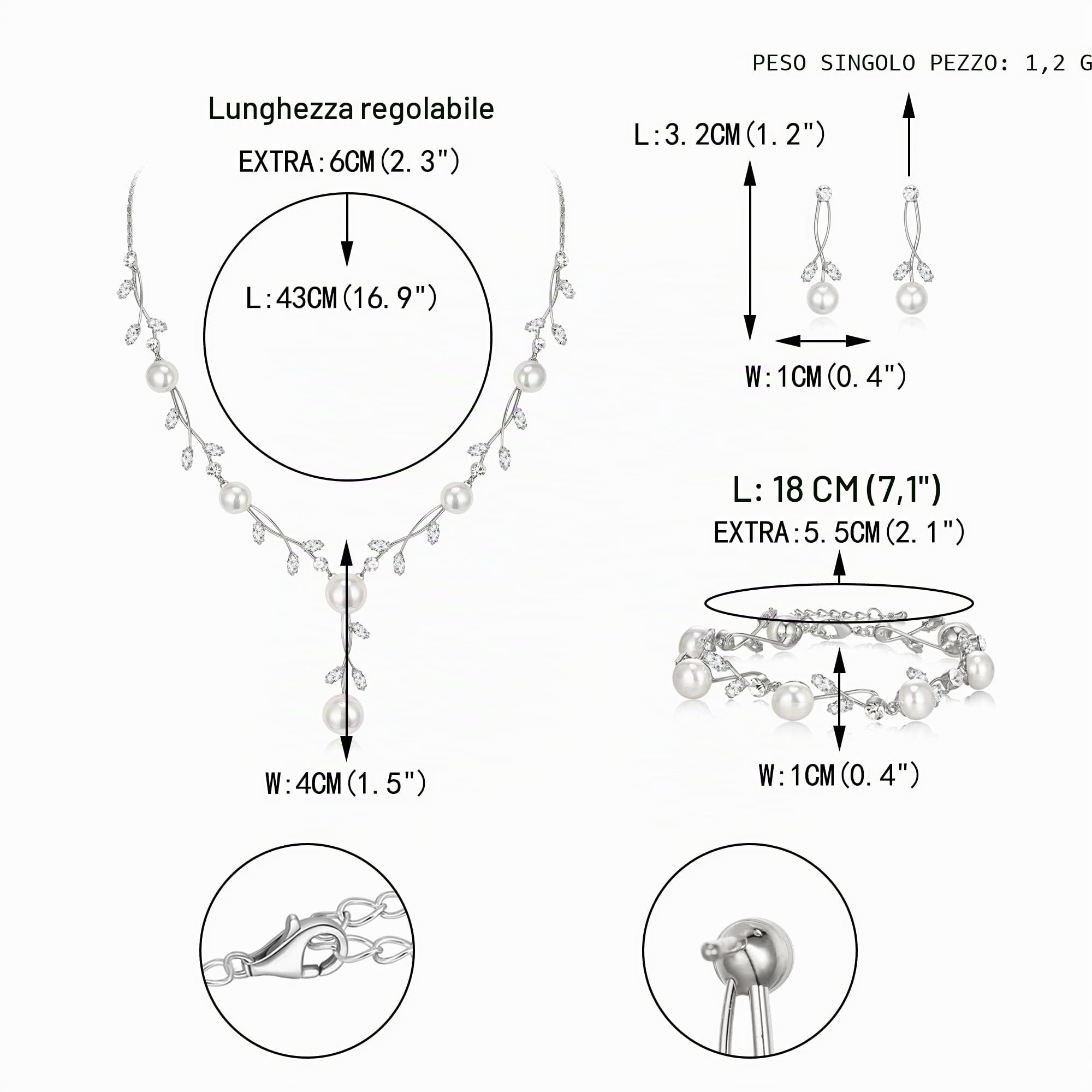 EVER FAITH Set di 3 gioielli per sposa, placcato argento chiaro, zirconcio e perla simulata, filigrana foglia, collana, orecchini, bracciale