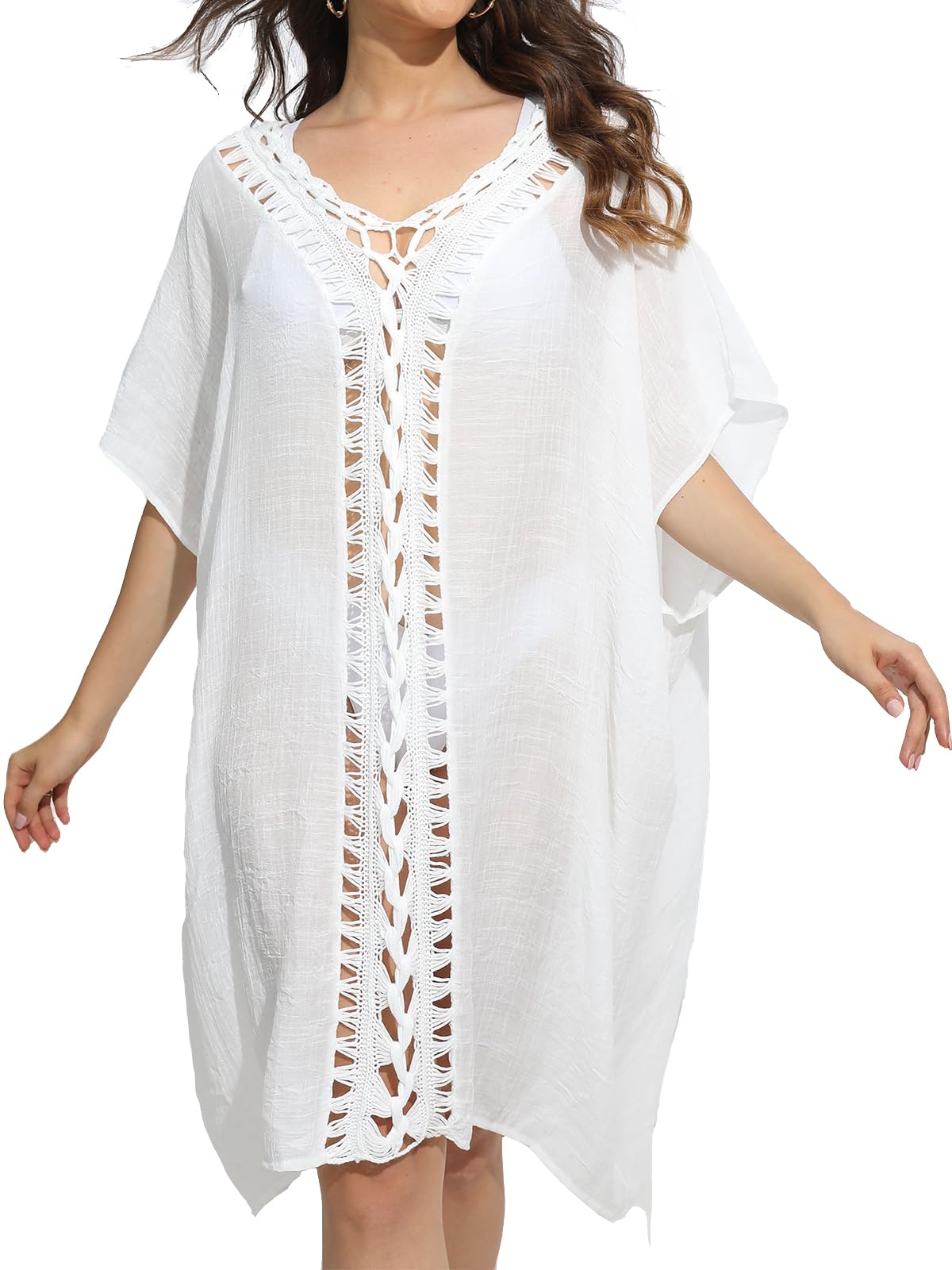 Codkkre Verano Sexy Bikini Cover Up Pareo Playa de Crochet Muje Vestido de Playa Ropa de Baño Suelto Vestido Cuello en V Camisa Ropa de Baño Playa Talla única