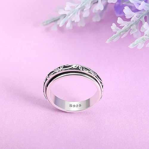 Miniatura 4 de MILACOLATO Anillo de plata de ley 925 para mujeres y hombres, chapado en platino, anillo de plata de ley para la ansiedad, anillo de cruz de flor,